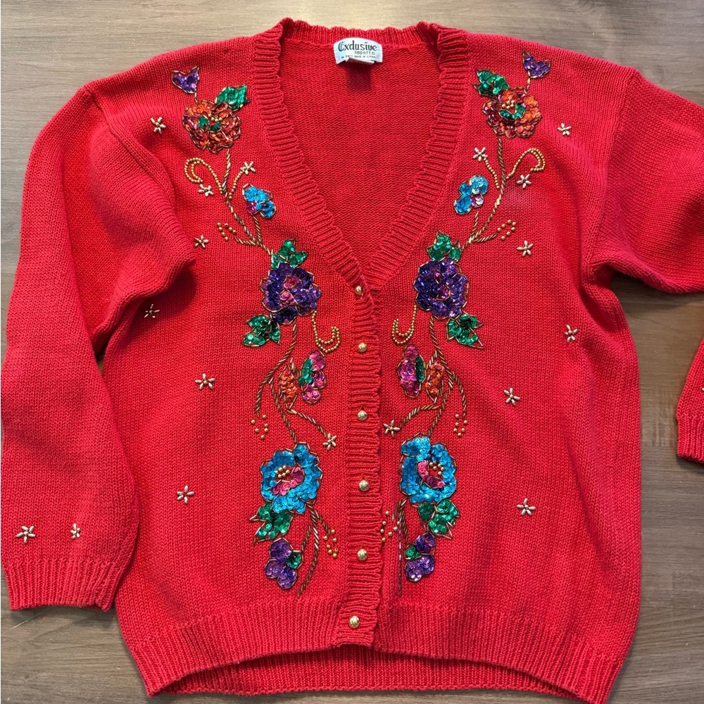 Vintage 1980’s beaded/sequined  Red cardigan